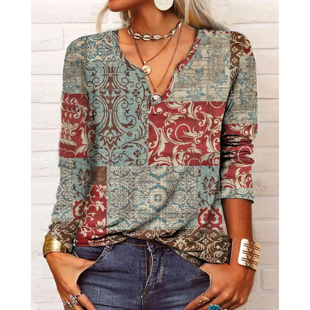 Katharina - Colorful Blouse in Boho Style, Long Sleeves with V-Neck