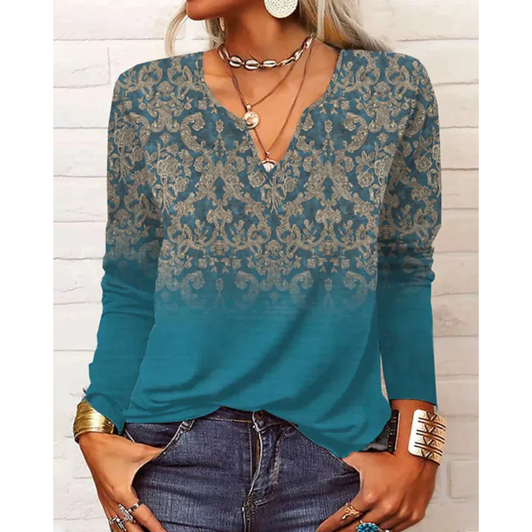 Katharina - Colorful Blouse in Boho Style, Long Sleeves with V-Neck